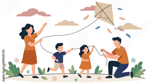 Family enjoying flying kite on windy day with children and parents in park illustration.