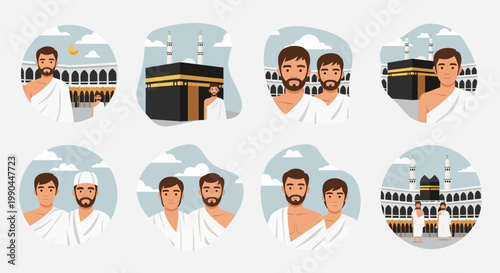Illustrations of Muslim Pilgrims performing Hajj rituals at the Grand Mosque in Mecca