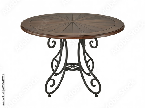 Elegant outdoor table with intricate metal frame and wooden top