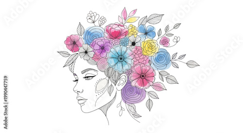 Woman silhouette adorned with colorful flowers appears in this drawing.