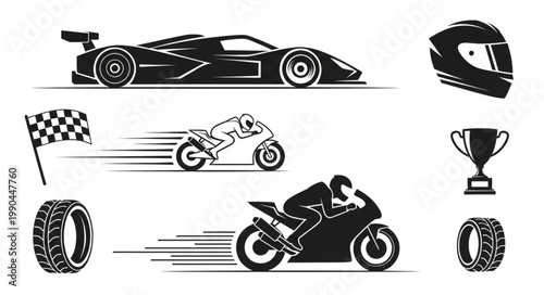 Collection of racing icons including cars motorcycles helmets trophies and flags.