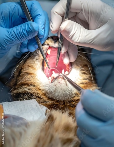 Veterinary Dental Surgery On A Tabby Cat With Professional Tools And Surgeons In A Clinic Setting Under Bright Surgical Lighting