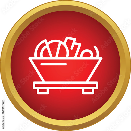 Sushi rolls and sashimi serving in a tray within a red and gold circle icon