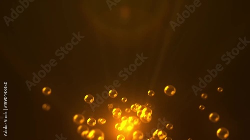 Floating golden bubbles rising from bright light source with glowing lens flare and amber background