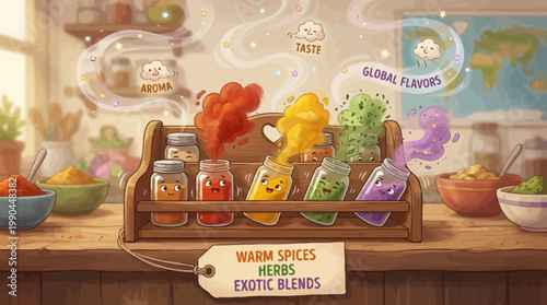A delightful illustration of various spices in jars, with whimsical faces, arranged on a wooden rack, evoking the essence of global flavors and warm blends