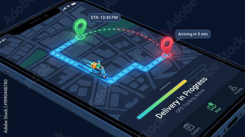 GPS tracking application interface displaying a delivery route on a digital map with current status and estimated time of arrival