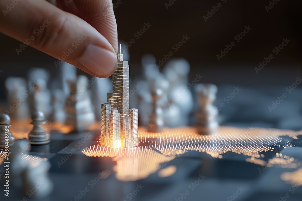 Obraz premium A hand places a skyscraper chess piece on a glowing world map with chess pieces, symbolizing global strategy and urban development.