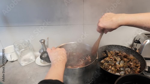 Cooking a flavorful dish in a cozy kitchen during twilight hours