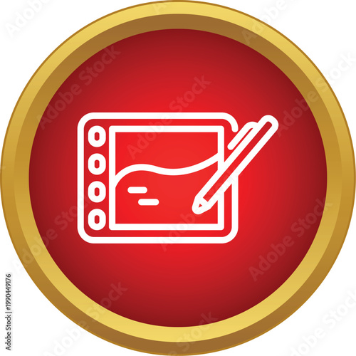 Graphics tablet illustration with stylus for digital art and design in a round red frame