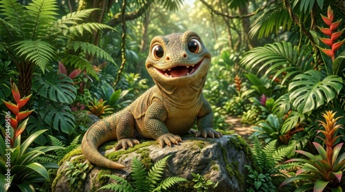 Playful Komodo Dragon in Lush Jungle Surroundings on Rock