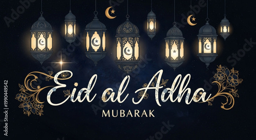Eid al Adha Mubarak greeting with ornate lanterns and crescent moons Islamic holiday celebration festive decorative background