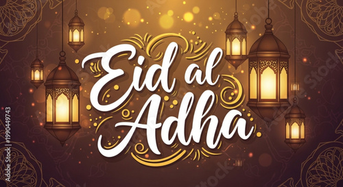 Eid al Adha greeting card with ornate lanterns and golden bokeh Islamic festival celebration background traditional calligraphy and decorati