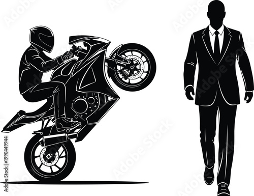 Motorcycle stunt silhouette, wheelie rider, sport bike vector, businessman walking, professional figure, dynamic motion, contrast lifestyle, speed action, urban design, modern artwork