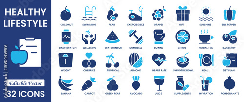 Healthy Lifestyle solid icon set with nutrition, exercise, sleep, stress management, hydration, mental, mindfulness, and yoga. Healthy Lifestyle solid icon set.