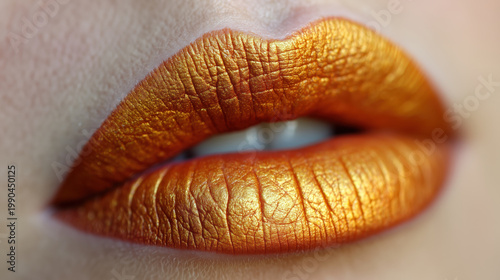 Close up female lips with golden metallic lipstick