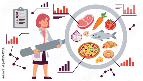 Scientist examines nutrition with magnifying glass showing healthy and unhealthy food items.