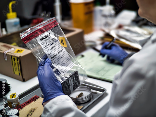 A forensic police officer examines a smartphone as evidence in a murder case at a forensic laboratory