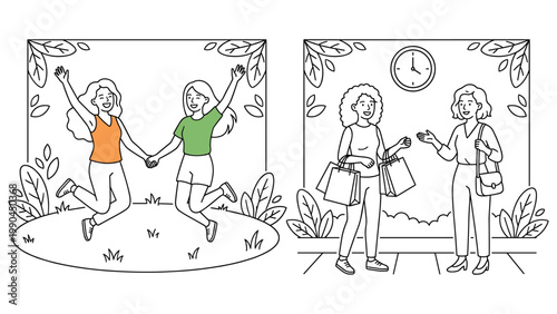 Two happy friends jumping for joy in park, two friends shopping with bags on street.