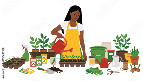 Woman watering plants in garden with seeds and gardening supplies on table.