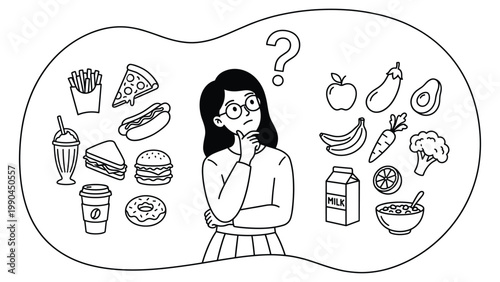 Woman thinking about food choice between healthy and unhealthy options in thought bubble.