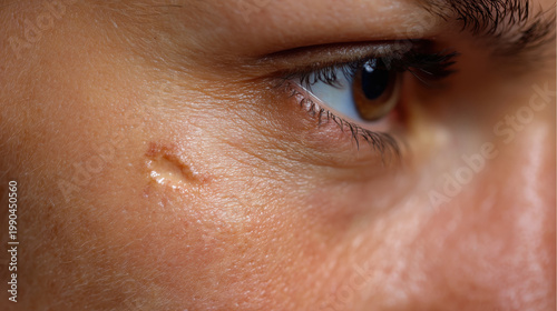 Close up male portrait showing facial scar with detailed skin texture and brown eye in soft natural light atmosphere