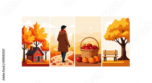 Flat design vector illustration of autumn harvest lifestyle scene featuring a person collecting apples near a cozy house under warm sunlight