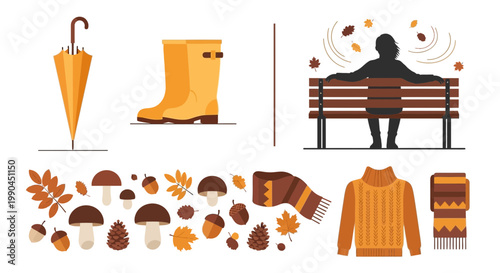 Flat design vector illustration of autumn season lifestyle elements featuring falling leaves cozy sweaters and warm fall mood