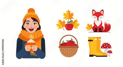Flat design vector illustration of autumn season celebration featuring cute character wearing warm clothes enjoying fall harvest lifestyle elements