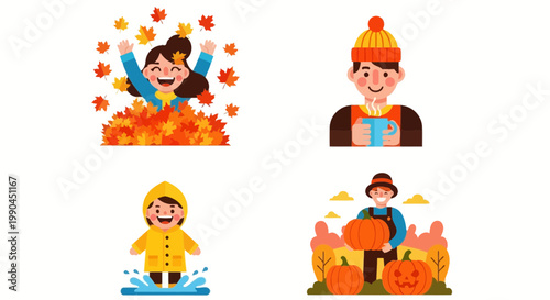 Flat design vector illustration of autumn harvest celebration featuring happy people enjoying fall season lifestyle activities outdoors