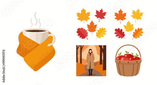 Flat design vector illustration of autumn season warm drink and harvest basket with colorful leaves in a cozy outdoor lifestyle setting