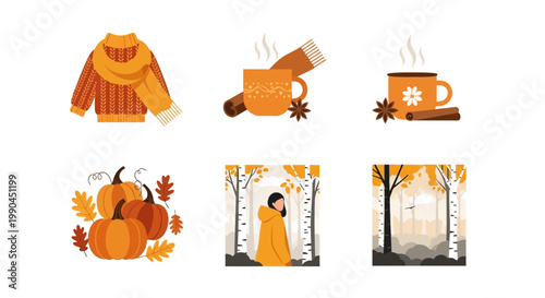 Flat design vector illustration of cozy autumn season elements including warm knitwear pumpkins and fall foliage in a vibrant lifestyle setting