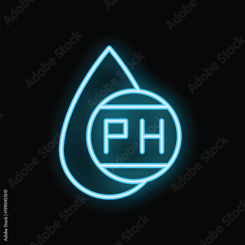 Blue neon glowing symbol of water drop with ph level sign representing water acidity
