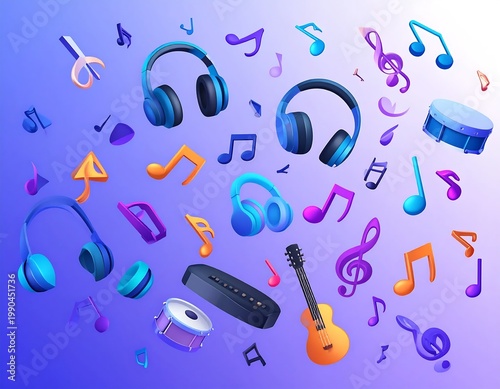 Vibrant 3d Musical Elements Floating On Gradient Background Blue Headphones Drums Guitar And Colorful Notes In Dynamic Motion