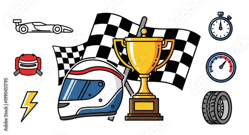 Racing elements including trophy checkered flag helmet and car.