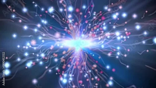 Abstract glowing blue and purple particles with energy lines expanding from central light in a loop