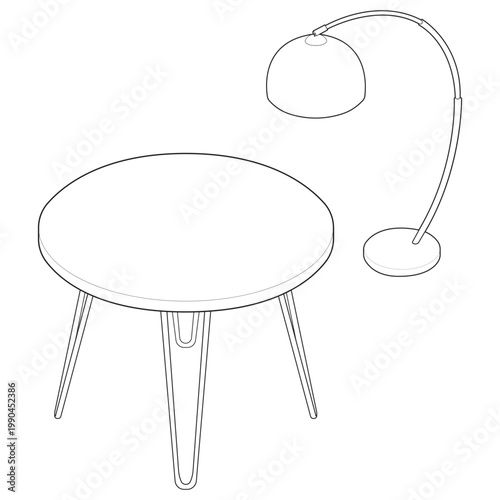 Isometric arc floor lamp and solid top hairpin end table linear drawing