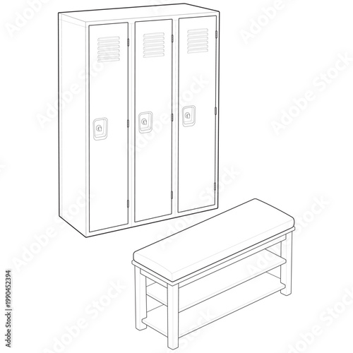 Isometric 3 door steel locker and upholstered shoe rack bench bundle linear drawing