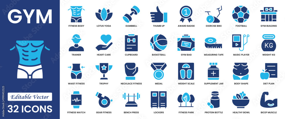 Naklejka premium Gym and fitness icon set. Containing healthy lifestyle, weight training, body care and jump rope, weightlifter, boxing glove workout or exercise equipment icons. Solid icons vector collection.