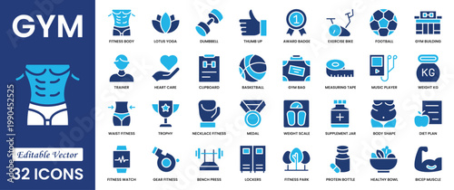 Gym and fitness icon set. Containing healthy lifestyle, weight training, body care and  jump rope, weightlifter, boxing glove workout or exercise equipment icons. Solid icons vector collection.