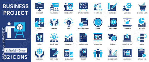 Business Project management flat icon collection. Effective project and time management. Conference and business plan icons. Solid icon Vector illustration.