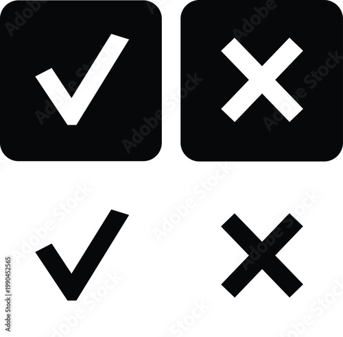 Four black-and-white checkmark and cross symbols in square and round formats