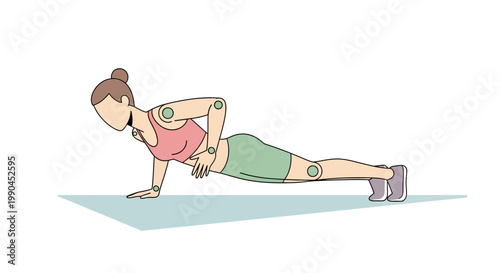 Woman performing push-up exercise with biomechanical joint markers, digital health and fitness tracking vector illustration