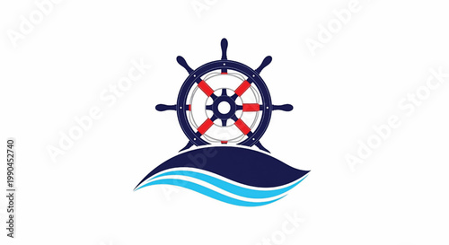 Ship wheel logo with blue and red spokes and a wave underline for nautical branding and maritime design