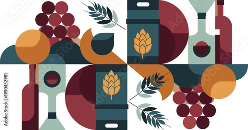 Wine bottles, grapes, and leaves in a colorful geometric pattern