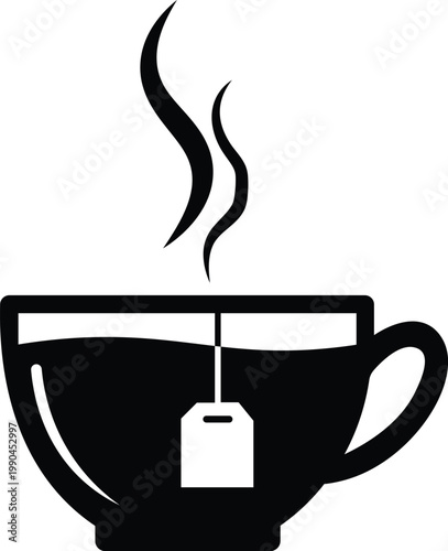 Steaming black tea cup with tea bag in monochrome silhouette black and white