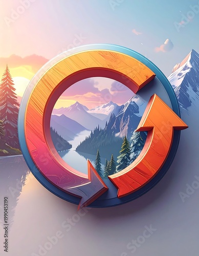 Vibrant 3d Recycle Arrow Symbol Framing A Scenic Mountain Landscape With Pine Forest And Snow Capped Peaks At Sunset Digital Illustration