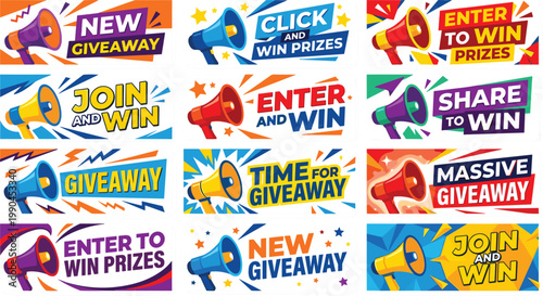 Bright promotional banner collection illustration, dynamic giveaway announcement designs with megaphones and bold call to action advertising elements