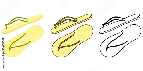 Stylized illustration of flip flop sandals in color and outline variations.