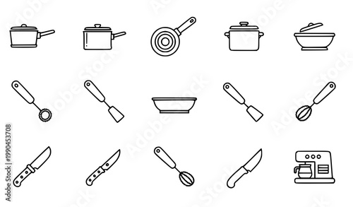 Cooking items and kitchen equipment icons set vector thin line cookware saucepan bowl coffee machine pictograms isolated white background