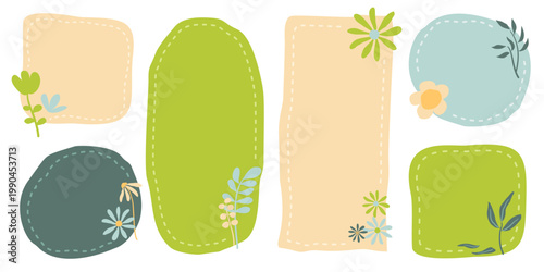 Minimalist abstract paper labels with rounded shapes, soft colors, and floral decorative elements.